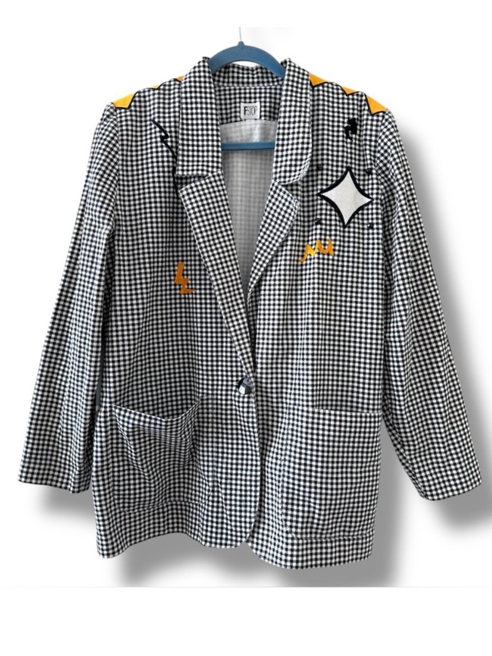 Vintage 80s FSTOP Black White Checkered Embroidered Blazer Womens Sz Small Retro
